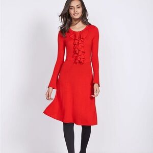 Boden Noelle Red Knitted Dress 100% Wool Ruffle Long Sleeve Size 6 EUC